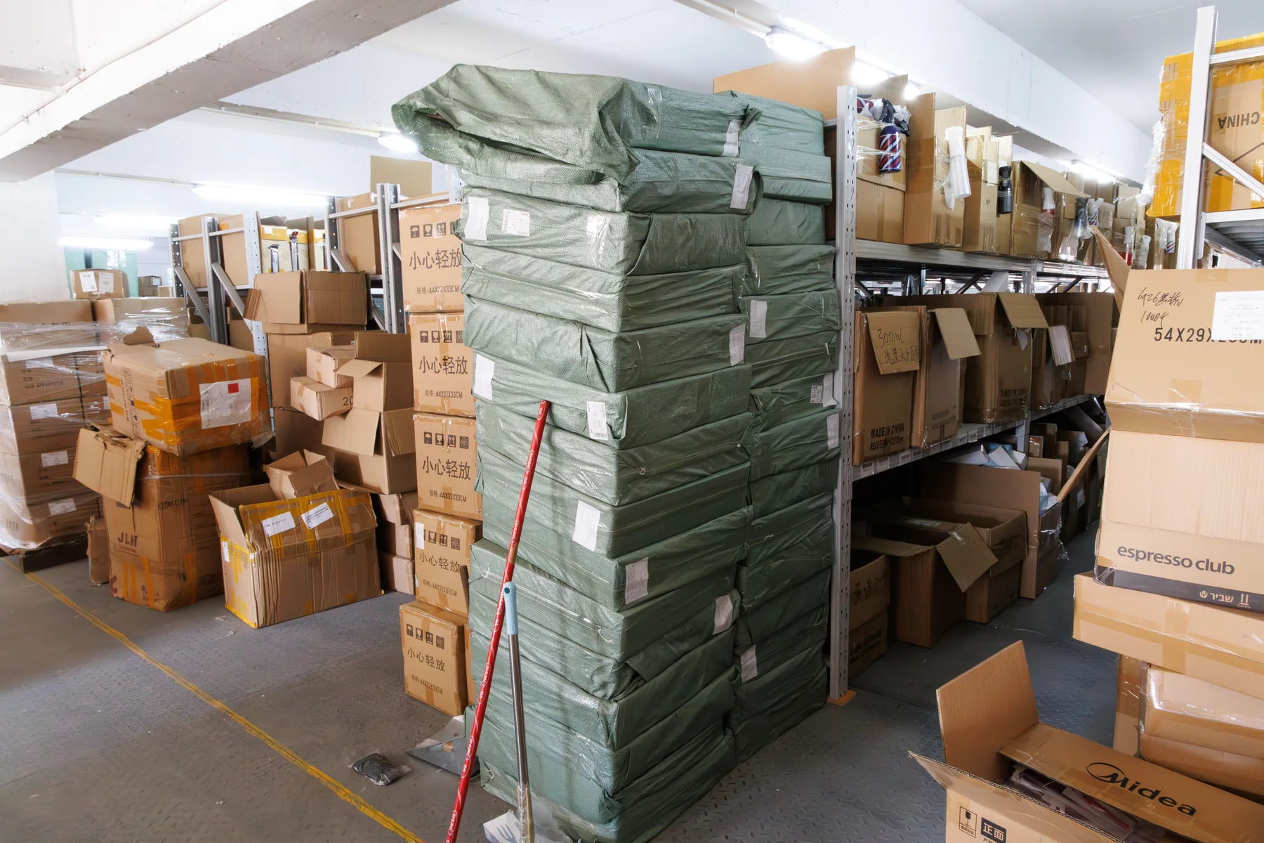 Wrapped packages and cartons in the factory storage area