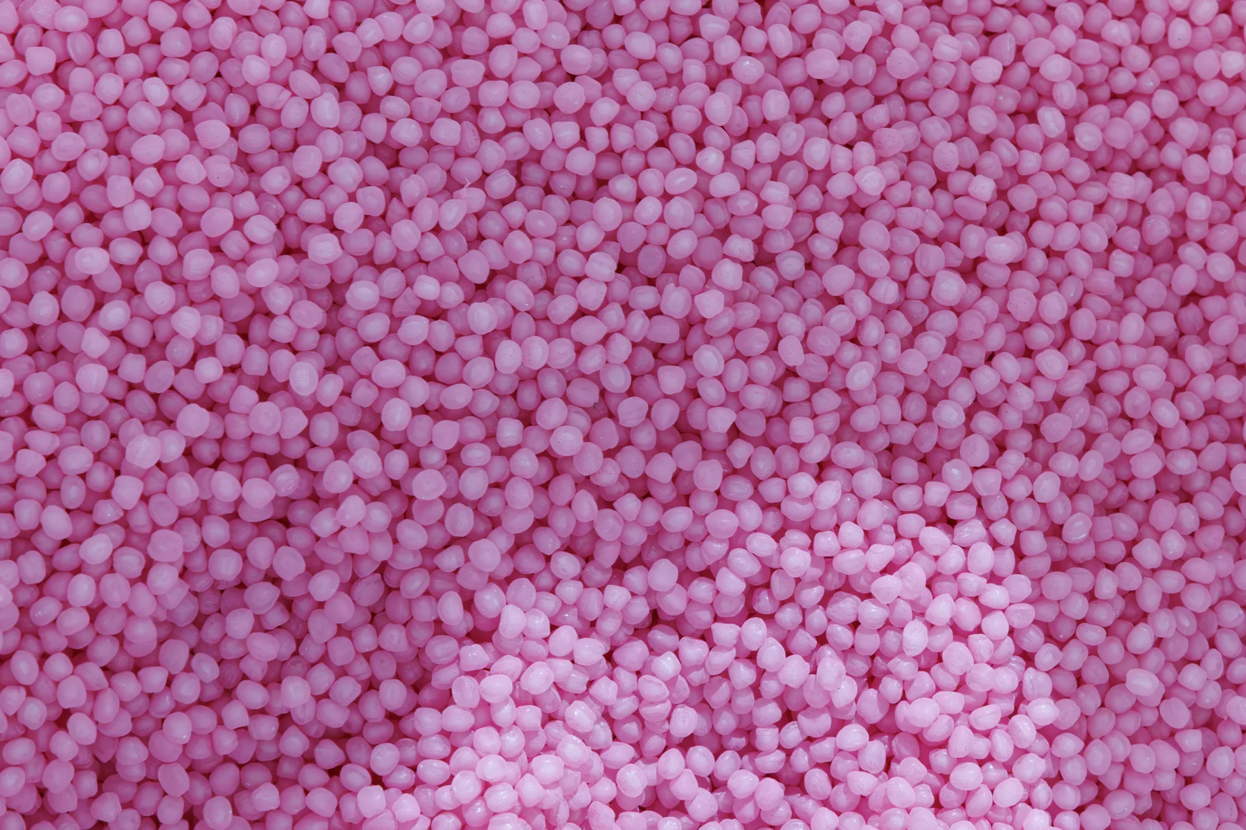 Pink plastic pellets photographed at the factory