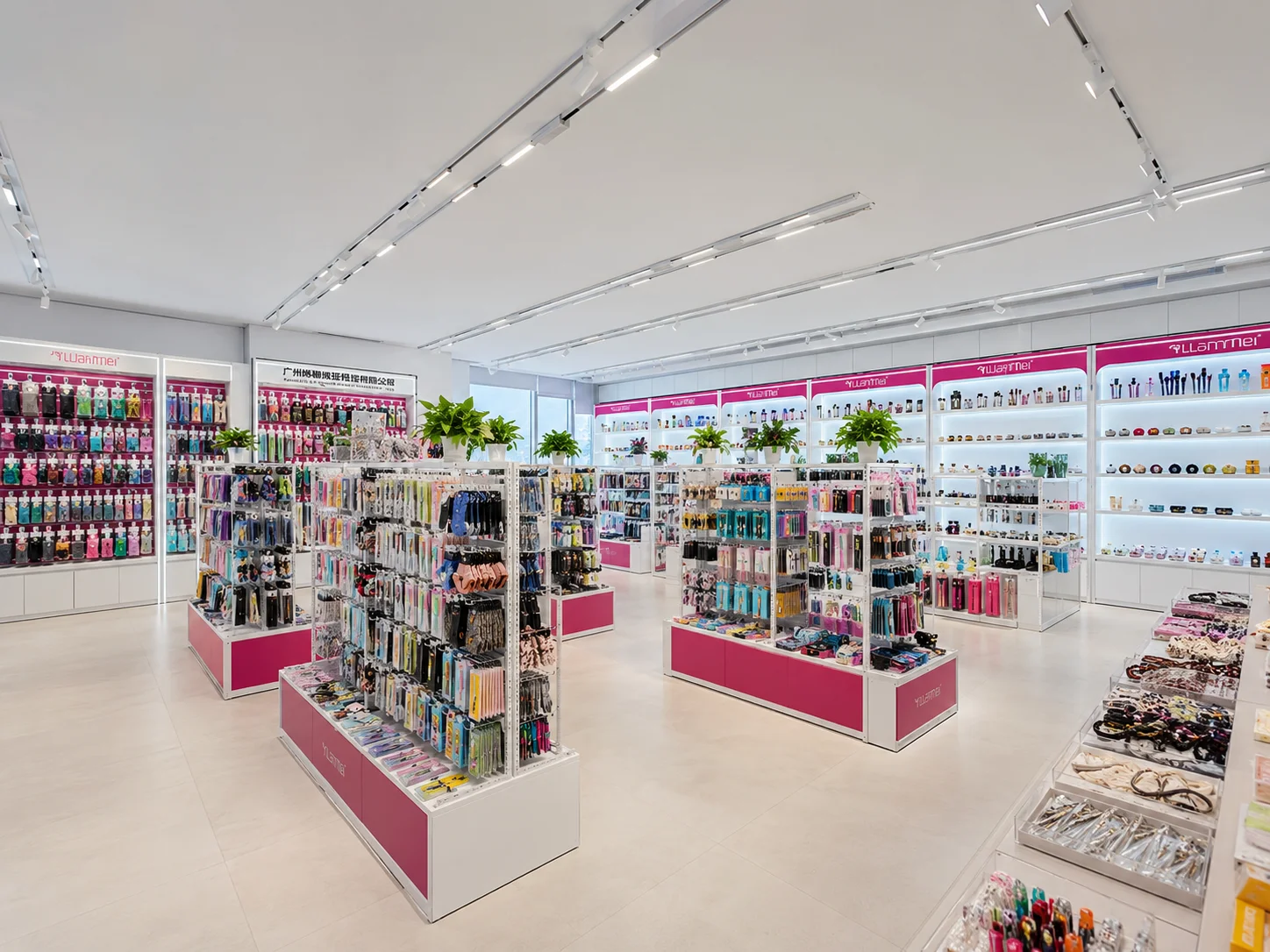 Hair brushes, combs and packaging displayed in the Wanmei product showroom