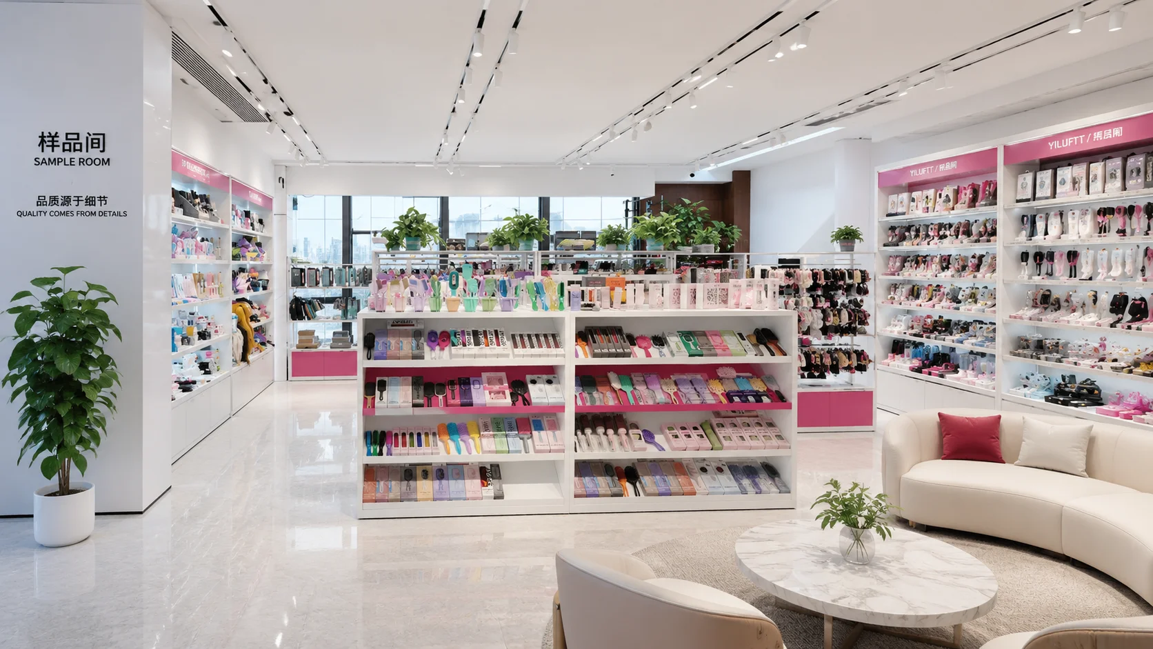 Wanmei showroom with packaged brushes, combs and a seating area